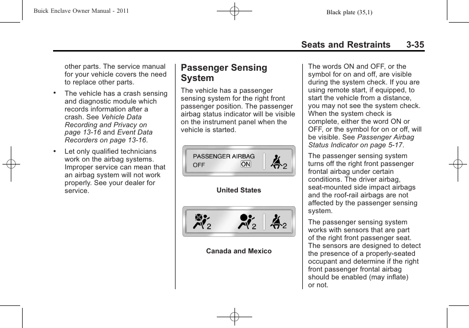 Passenger sensing system, Sensing, Seats and restraints 3-35 | Buick 2011 Enclave User Manual | Page 85 / 434