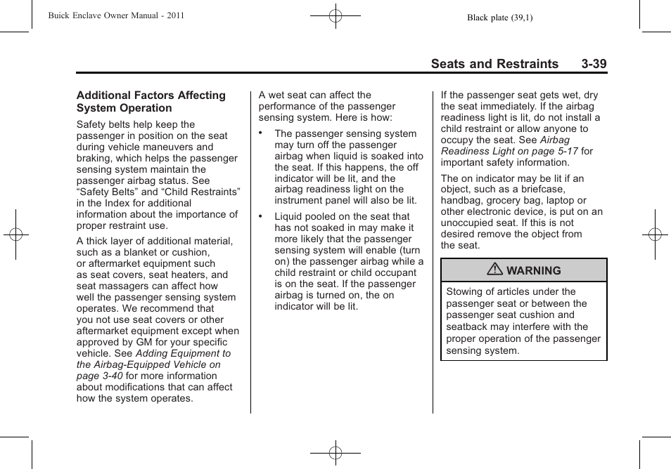 Seats and restraints 3-39 | Buick 2011 Enclave User Manual | Page 89 / 434