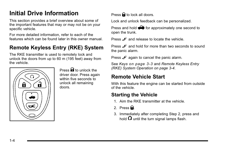 Initial drive information, Remote keyless entry (rke) system, Remote vehicle start | Initial drive information -4, Storage areas, Starting the vehicle | Buick 2010 Lucerne User Manual | Page 10 / 474