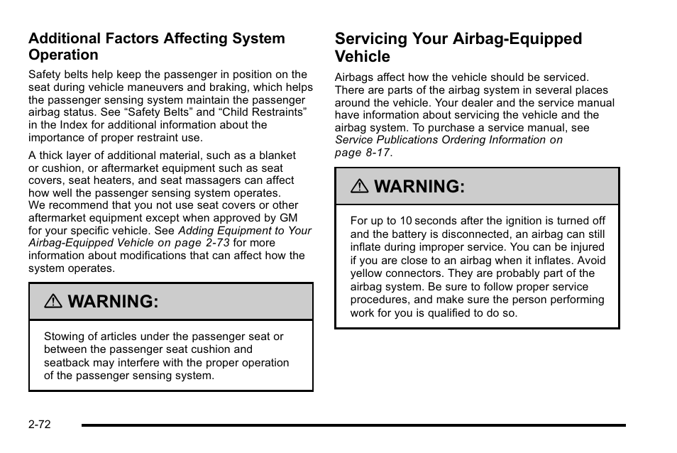 Servicing your airbag-equipped vehicle, Servicing your airbag-equipped vehicle -72, Warning | Buick 2010 Lucerne User Manual | Page 104 / 474