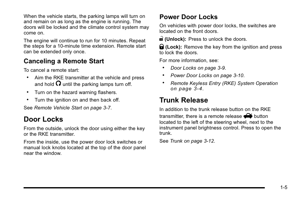 Door locks, Trunk release, Door locks -5 trunk release -5 | Canceling a remote start, Power door locks | Buick 2010 Lucerne User Manual | Page 11 / 474