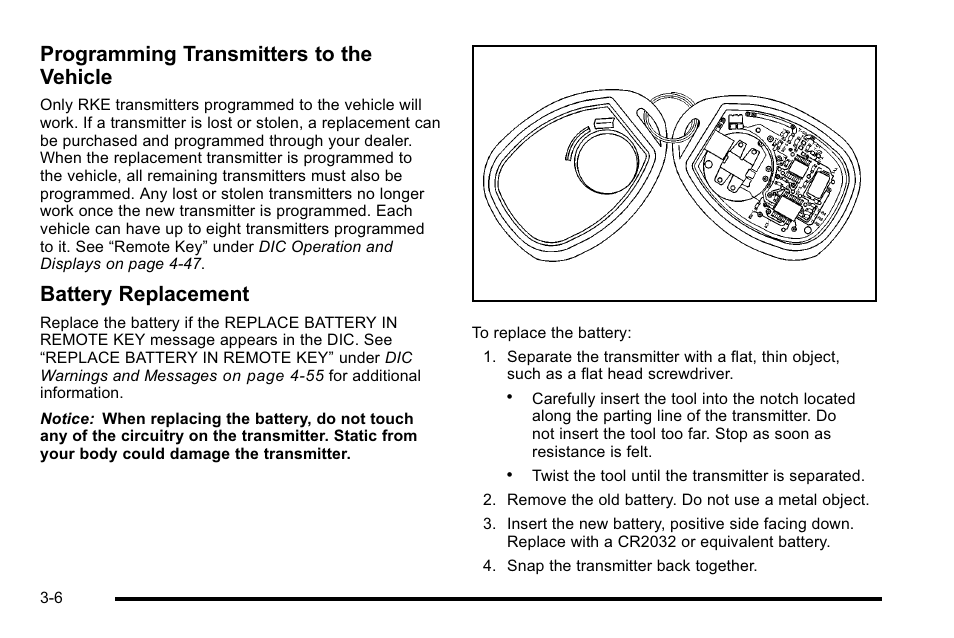 Programming transmitters to the vehicle, Battery replacement | Buick 2010 Lucerne User Manual | Page 114 / 474