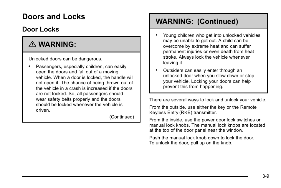Doors and locks, Door locks, Doors and locks -9 | Door locks -9, Warning, Warning: (continued) | Buick 2010 Lucerne User Manual | Page 117 / 474