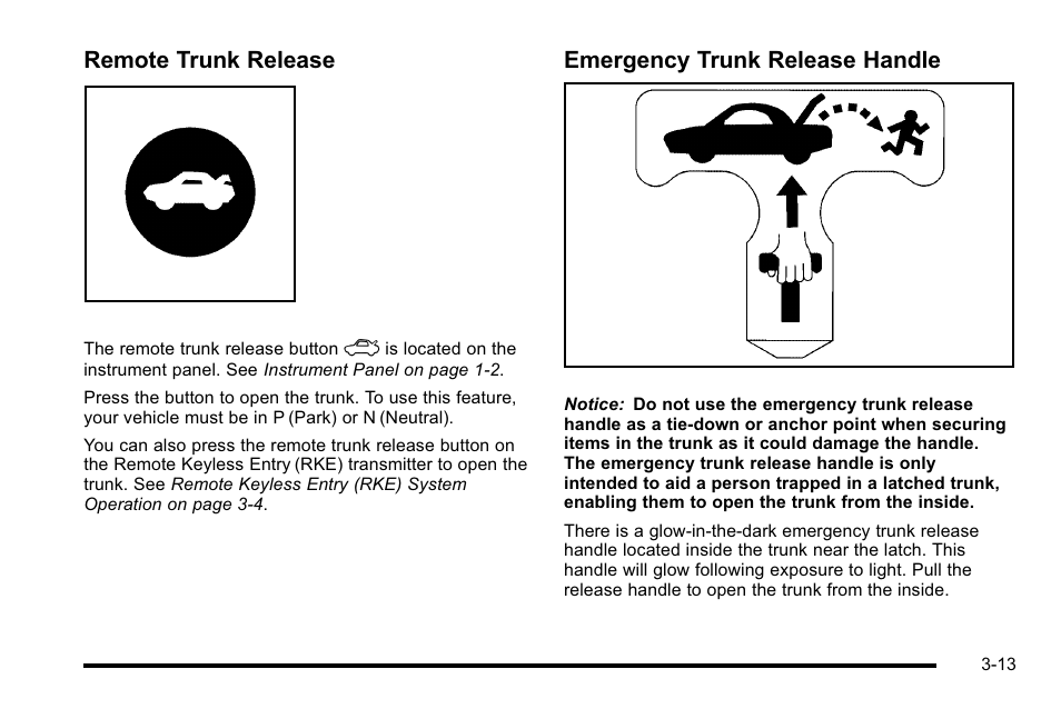 Remote trunk release, Emergency trunk release handle | Buick 2010 Lucerne User Manual | Page 121 / 474