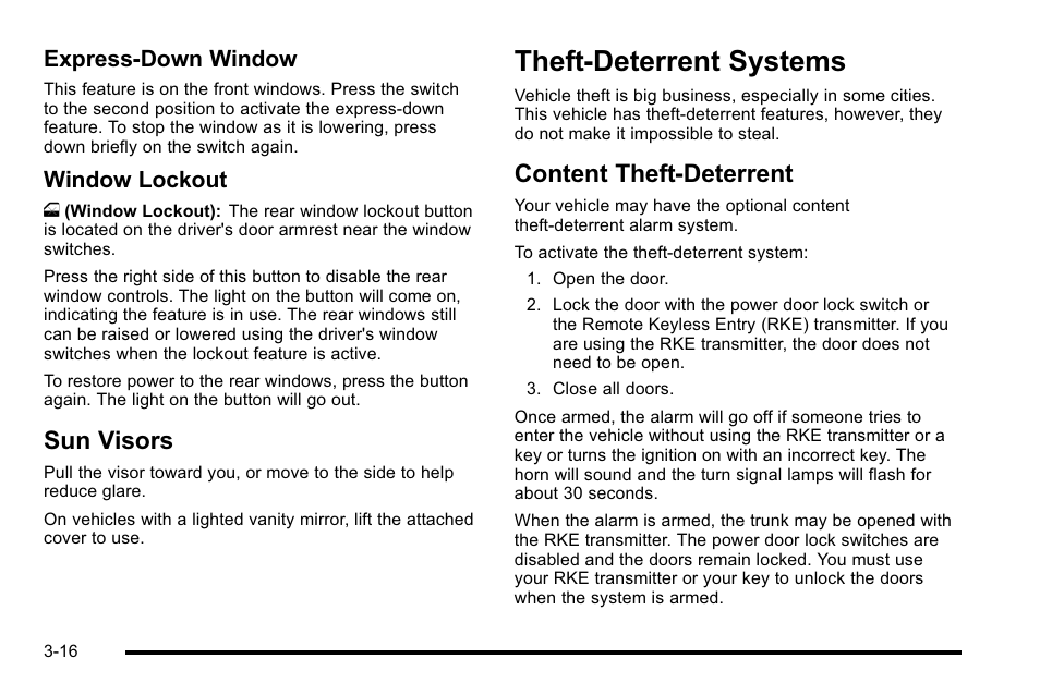 Sun visors, Theft-deterrent systems, Content theft-deterrent | Theft-deterrent systems -16, Sun visors -16, Content theft-deterrent -16, Park, Express-down window, Window lockout | Buick 2010 Lucerne User Manual | Page 124 / 474
