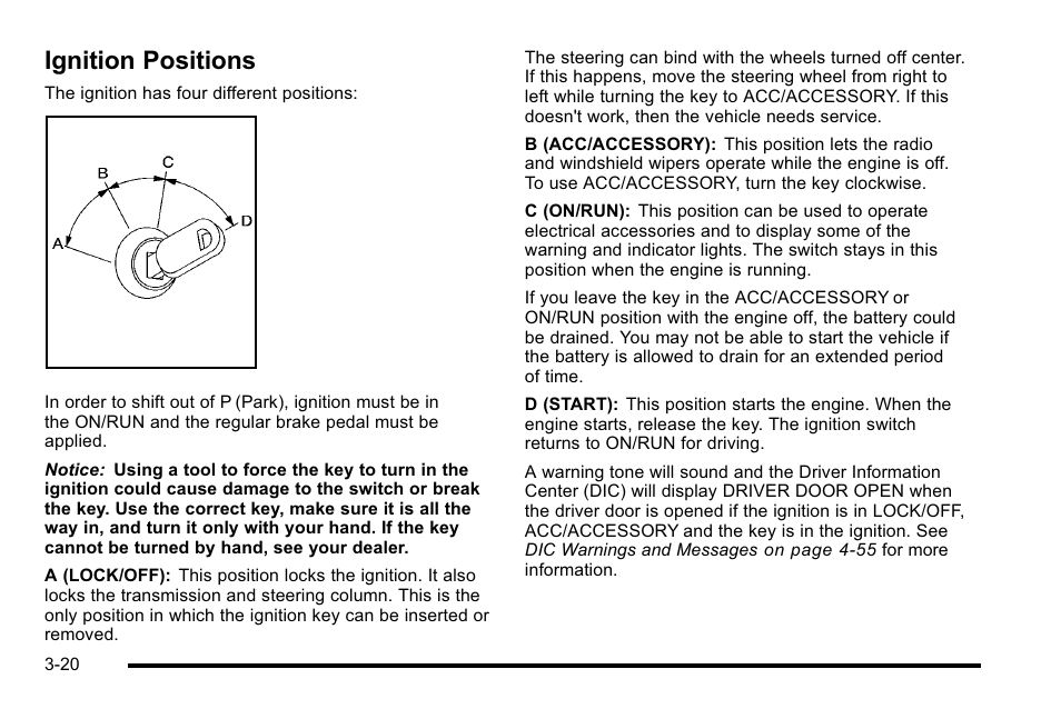 Ignition positions, Ignition positions -20 | Buick 2010 Lucerne User Manual | Page 128 / 474