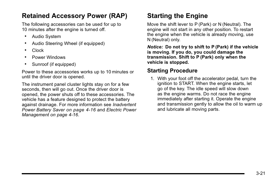 Retained accessory power (rap), Starting the engine, Starting procedure | Buick 2010 Lucerne User Manual | Page 129 / 474