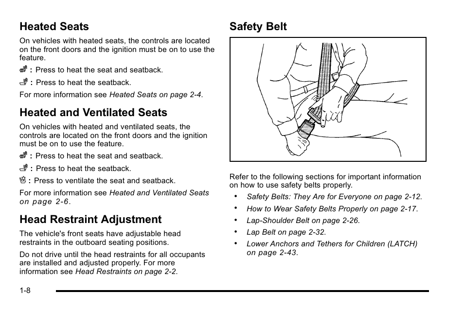 Heated seats, Heated and ventilated seats, Head restraint adjustment | Safety belt | Buick 2010 Lucerne User Manual | Page 14 / 474