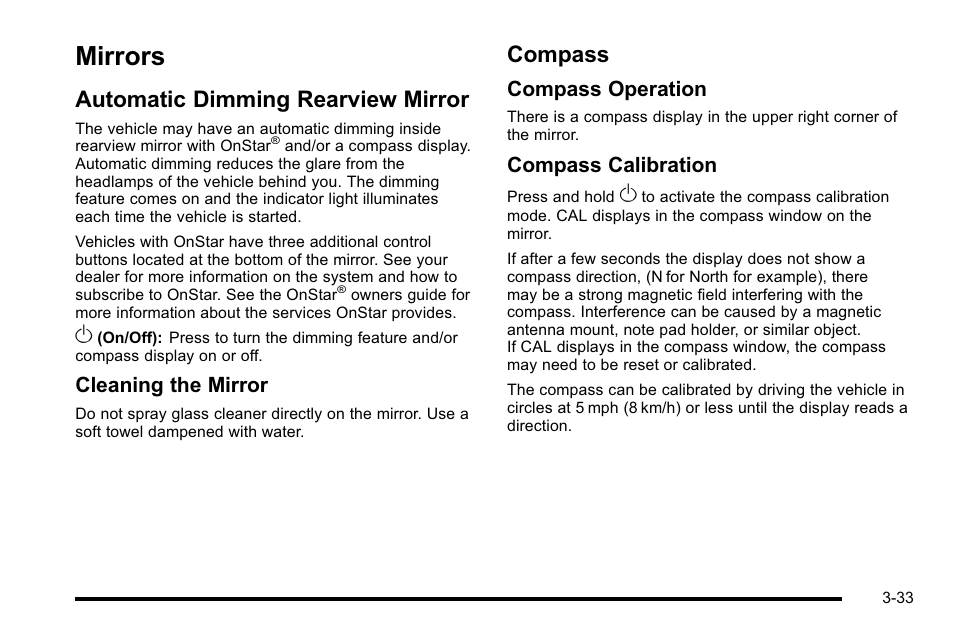 Mirrors, Automatic dimming rearview mirror, Compass | Mirrors -33, Bulb replacement, Automatic dimming rearview mirror -33 compass -33, Cleaning the mirror, Compass operation, Compass calibration | Buick 2010 Lucerne User Manual | Page 141 / 474