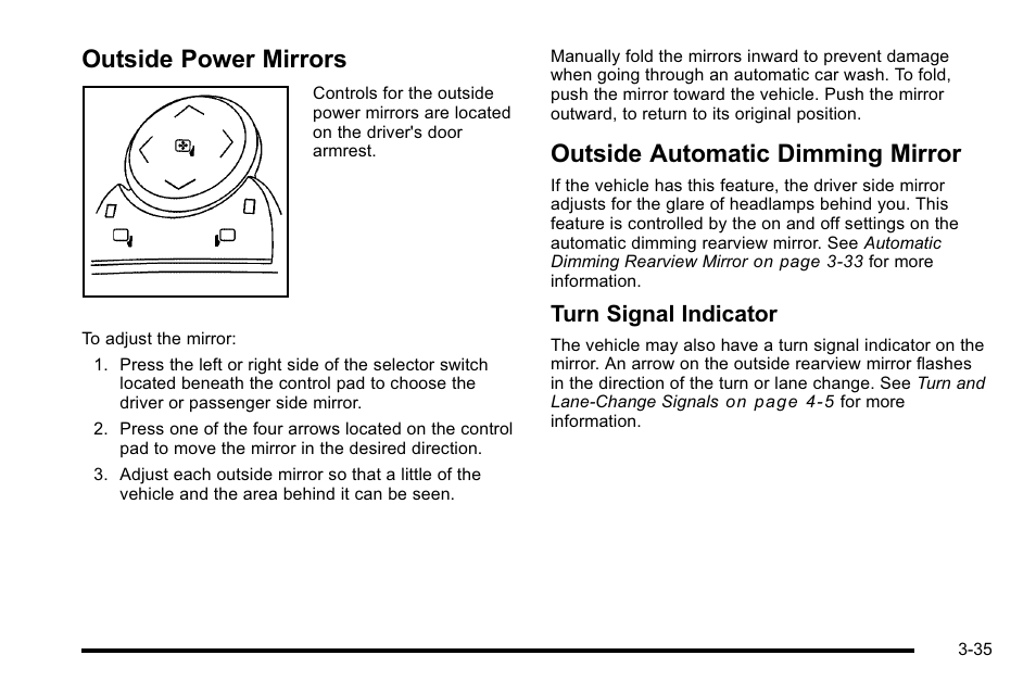 Outside power mirrors, Outside automatic dimming mirror, Turn signal indicator | Buick 2010 Lucerne User Manual | Page 143 / 474