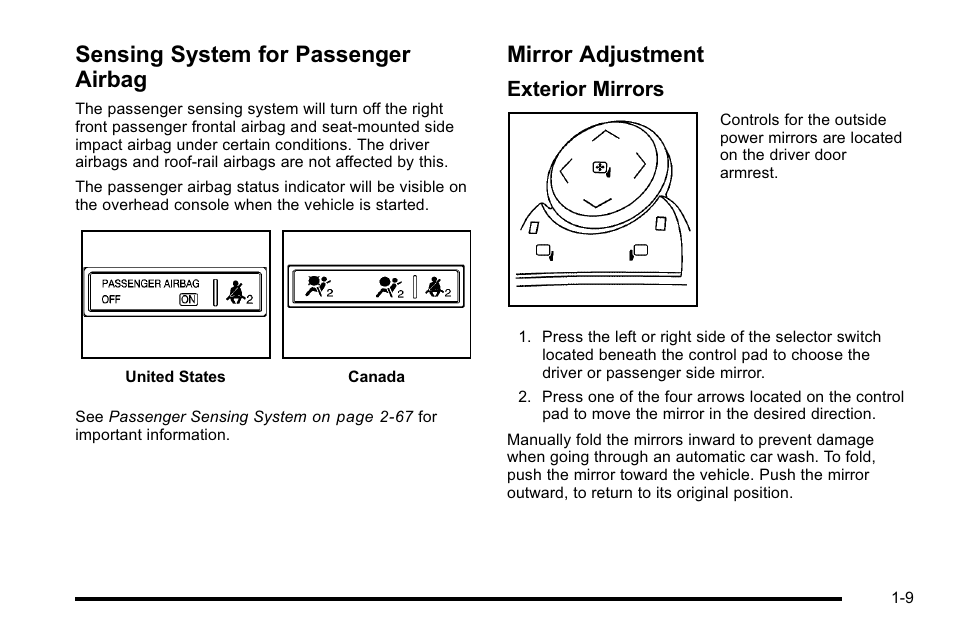 Sensing system for passenger airbag, Mirror adjustment, Exterior mirrors | Buick 2010 Lucerne User Manual | Page 15 / 474