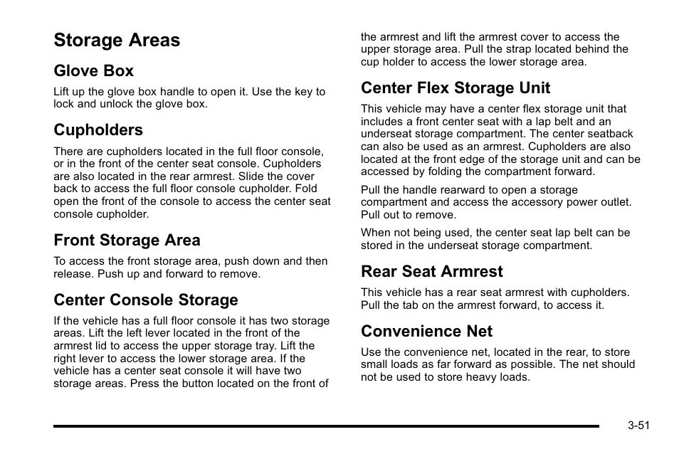 Storage areas, Glove box, Cupholders | Front storage area, Center console storage, Center flex storage unit, Rear seat armrest, Convenience net, Storage areas -51, Armrest -51 convenience net -51 | Buick 2010 Lucerne User Manual | Page 159 / 474