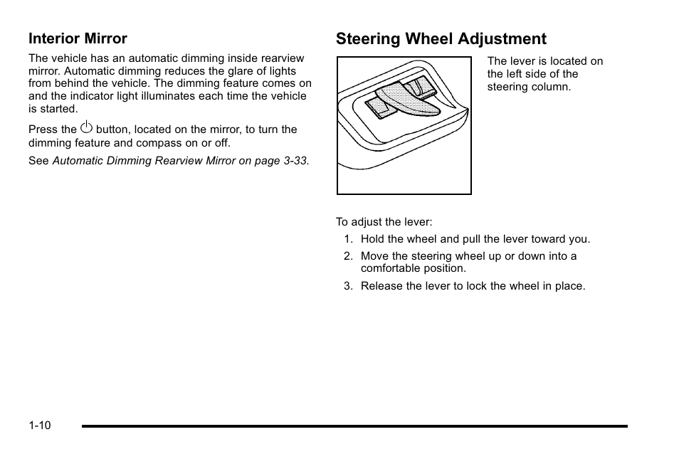 Steering wheel adjustment, Steering wheel adjustment -10, Interior mirror | Buick 2010 Lucerne User Manual | Page 16 / 474