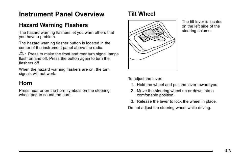 Instrument panel overview, Hazard warning flashers, Horn | Tilt wheel, Instrument panel overview -3, Hazard warning flashers -3 horn -3 tilt wheel -3 | Buick 2010 Lucerne User Manual | Page 163 / 474