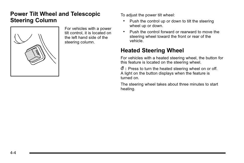 Power tilt wheel and telescopic steering column, Heated steering wheel, Heated steering | Power tilt wheel and telescopic steering, Column -4, Heated steering wheel -4 | Buick 2010 Lucerne User Manual | Page 164 / 474