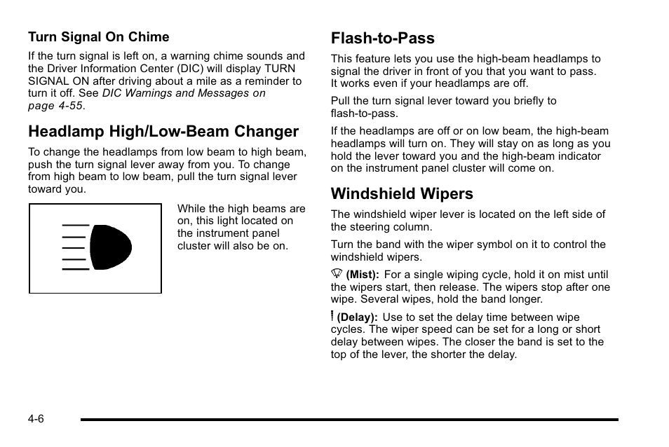 Headlamp high/low-beam changer, Flash-to-pass, Windshield wipers | Buick 2010 Lucerne User Manual | Page 166 / 474