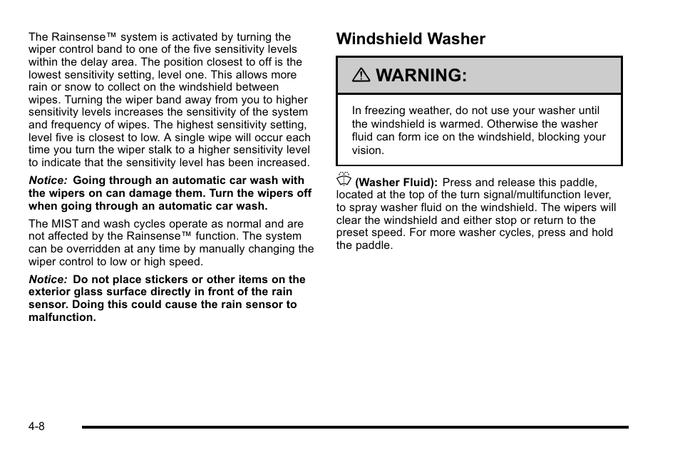 Windshield washer, Windshield washer -8, Warning | Buick 2010 Lucerne User Manual | Page 168 / 474