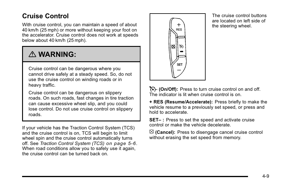Cruise control, Cruise control -9, Warning | Buick 2010 Lucerne User Manual | Page 169 / 474