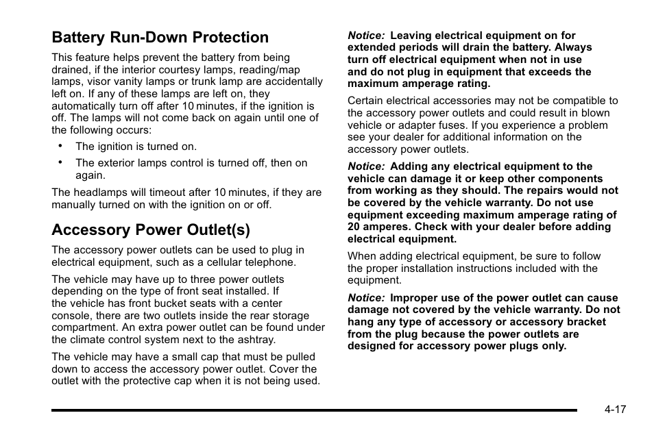 Battery run-down protection, Accessory power outlet(s) | Buick 2010 Lucerne User Manual | Page 177 / 474