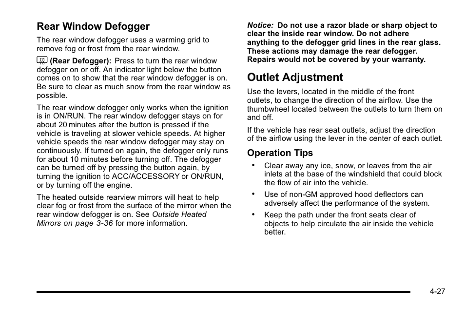 Outlet adjustment, Outlet adjustment -27, Rear window defogger | Operation tips | Buick 2010 Lucerne User Manual | Page 187 / 474