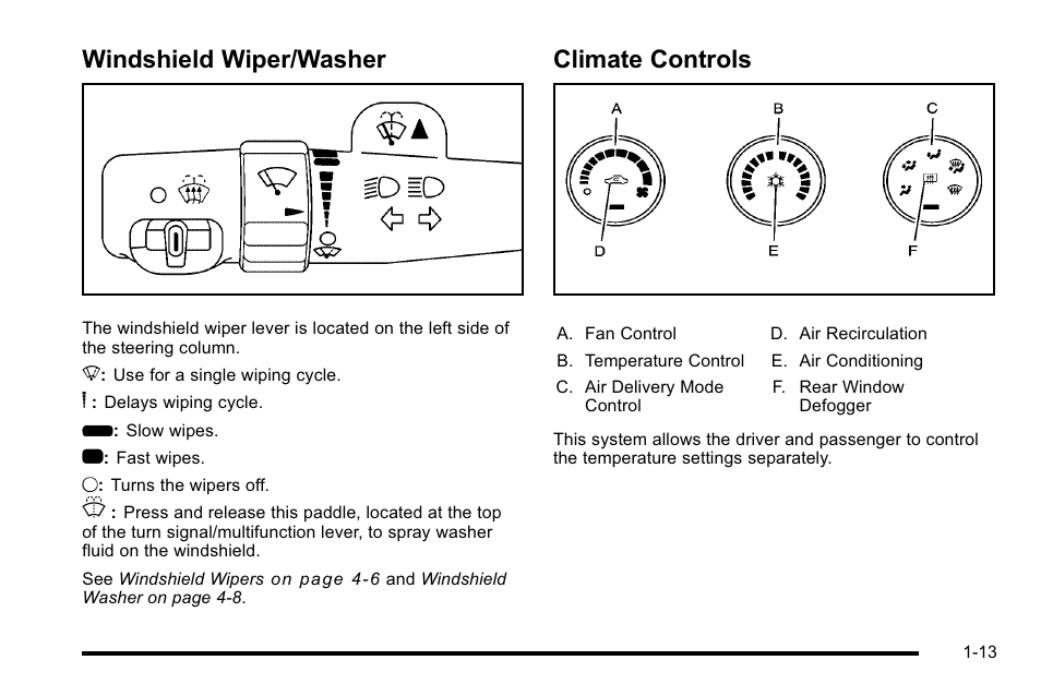 Windshield wiper/washer, Climate controls, Windshield wiper/washer -13 climate controls -13 | Buick 2010 Lucerne User Manual | Page 19 / 474