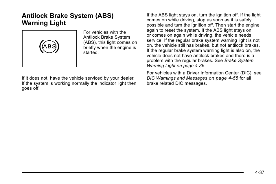 Antilock brake system (abs) warning light, Antilock brake system (abs) warning light -37 | Buick 2010 Lucerne User Manual | Page 197 / 474