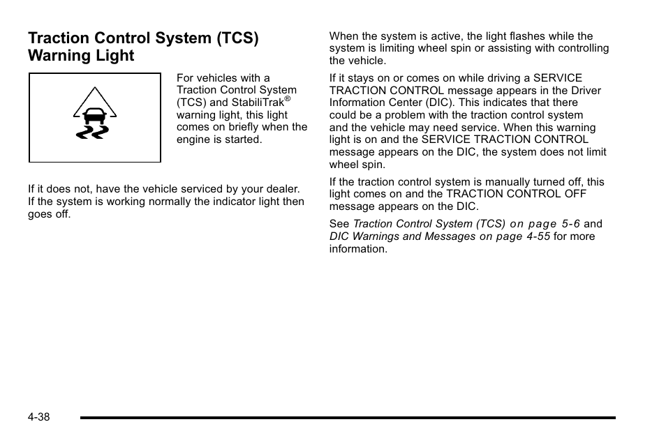Traction control system (tcs) warning light, Traction control system (tcs) warning, Light -38 | Buick 2010 Lucerne User Manual | Page 198 / 474