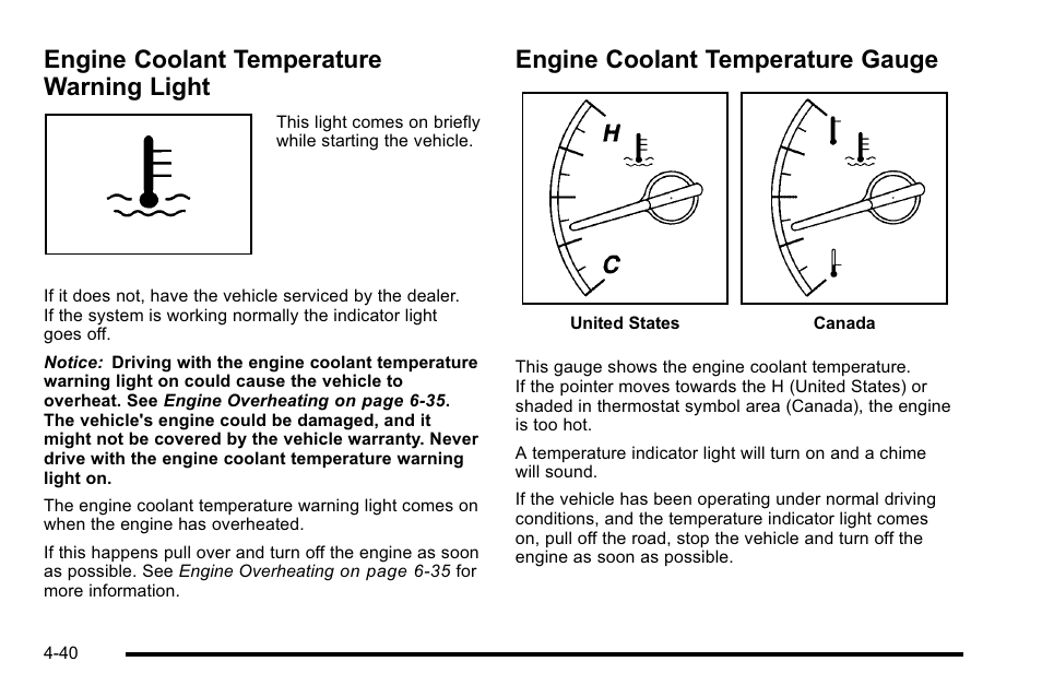 Engine coolant temperature warning light, Engine coolant temperature gauge | Buick 2010 Lucerne User Manual | Page 200 / 474