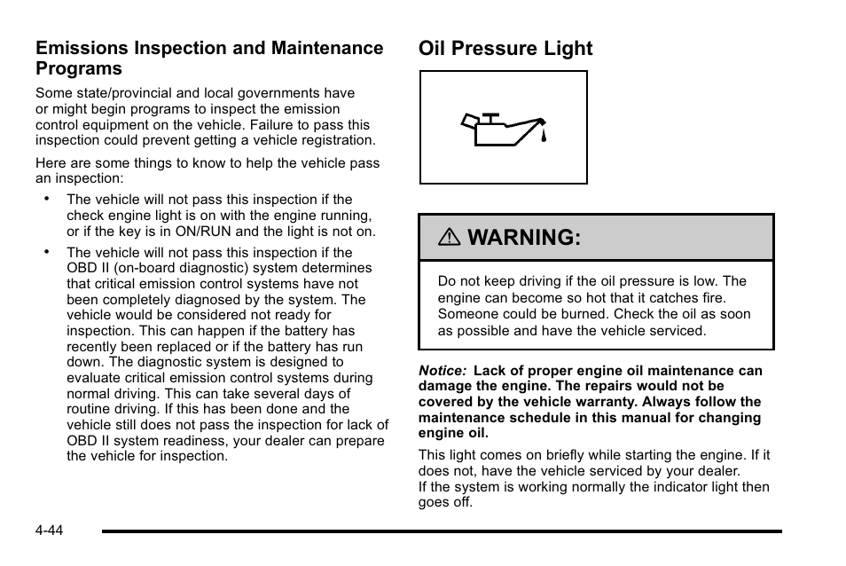 Oil pressure light, Oil pressure light -44, Warning | Emissions inspection and maintenance programs | Buick 2010 Lucerne User Manual | Page 204 / 474