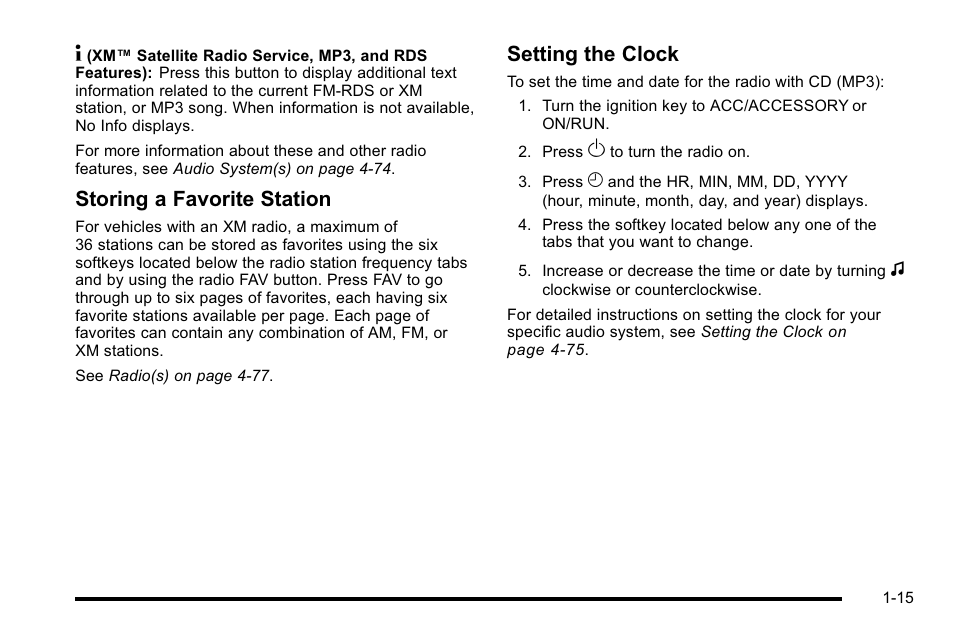 Storing a favorite station, Setting the clock | Buick 2010 Lucerne User Manual | Page 21 / 474