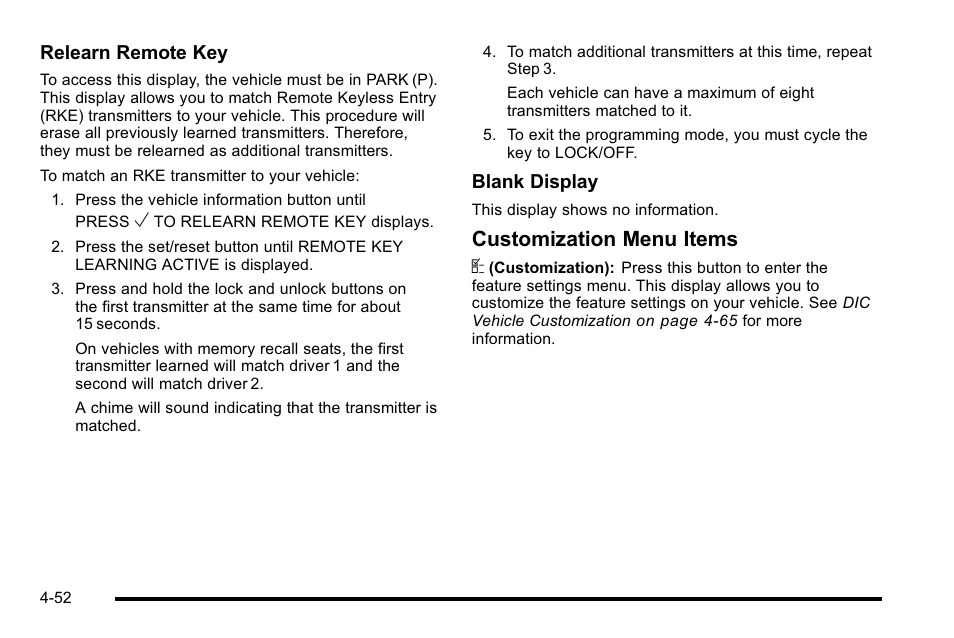 Customization menu items u | Buick 2010 Lucerne User Manual | Page 212 / 474