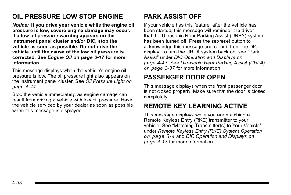 Oil pressure low stop engine, Park assist off, Passenger door open | Remote key learning active | Buick 2010 Lucerne User Manual | Page 218 / 474