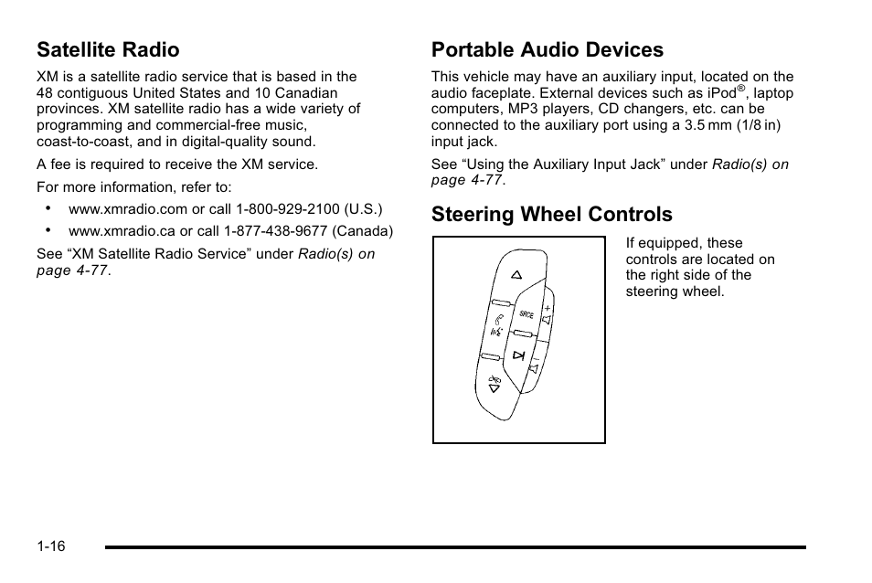 Satellite radio, Portable audio devices, Steering wheel controls | Buick 2010 Lucerne User Manual | Page 22 / 474