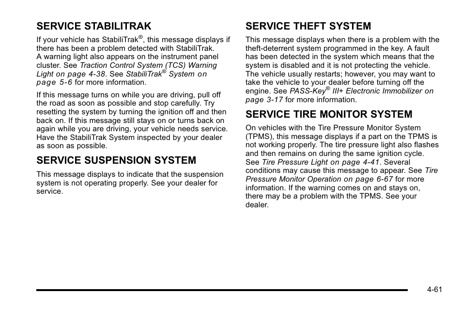Service stabilitrak, Service suspension system, Service theft system | Service tire monitor system | Buick 2010 Lucerne User Manual | Page 221 / 474