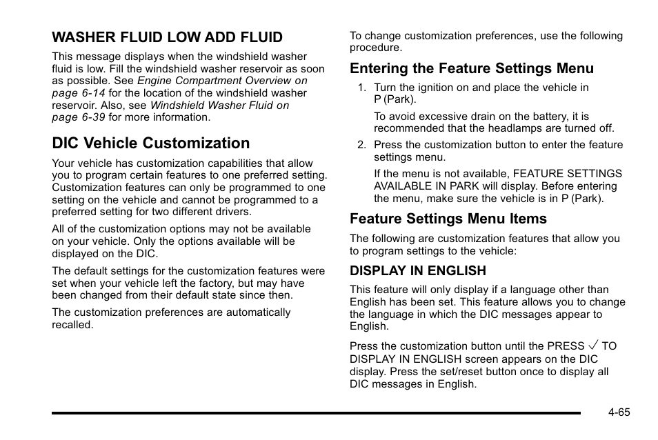 Dic vehicle customization, Dic vehicle customization -65, Washer fluid low add fluid | Entering the feature settings menu, Feature settings menu items | Buick 2010 Lucerne User Manual | Page 225 / 474