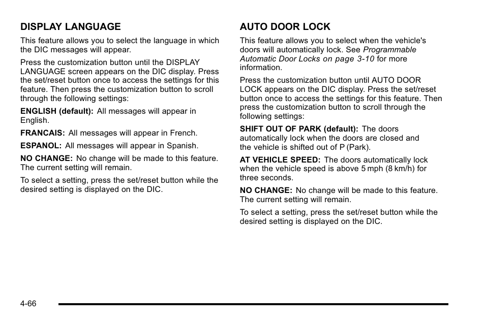Display language, Auto door lock | Buick 2010 Lucerne User Manual | Page 226 / 474