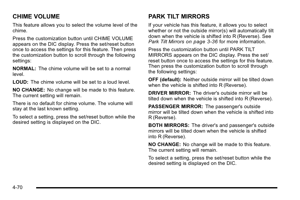 Chime volume, Park tilt mirrors | Buick 2010 Lucerne User Manual | Page 230 / 474