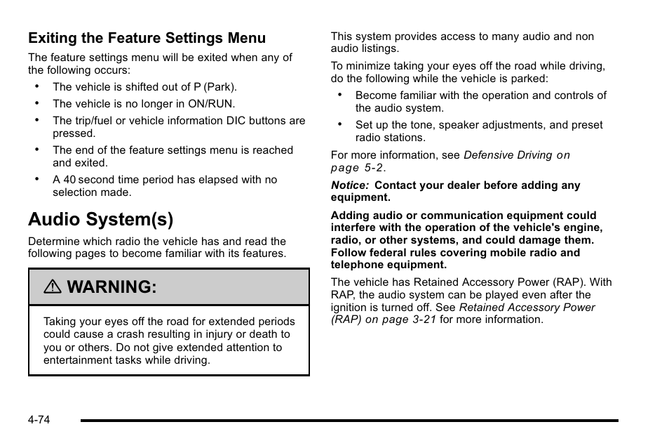 Audio system(s), Audio system(s) -74, Warning | Exiting the feature settings menu | Buick 2010 Lucerne User Manual | Page 234 / 474
