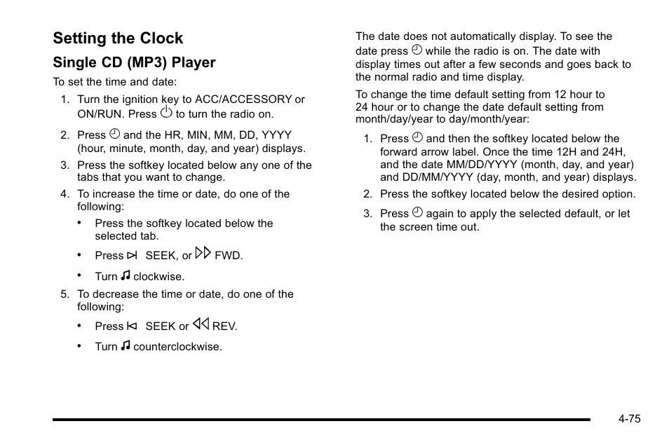 Setting the clock, Setting the clock -75, Single cd (mp3) player | Buick 2010 Lucerne User Manual | Page 235 / 474