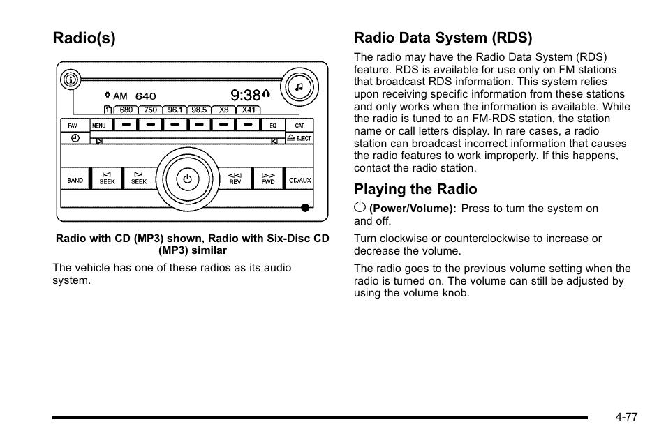 Radio(s), Radio(s) -77, Radio data system (rds) | Playing the radio o | Buick 2010 Lucerne User Manual | Page 237 / 474