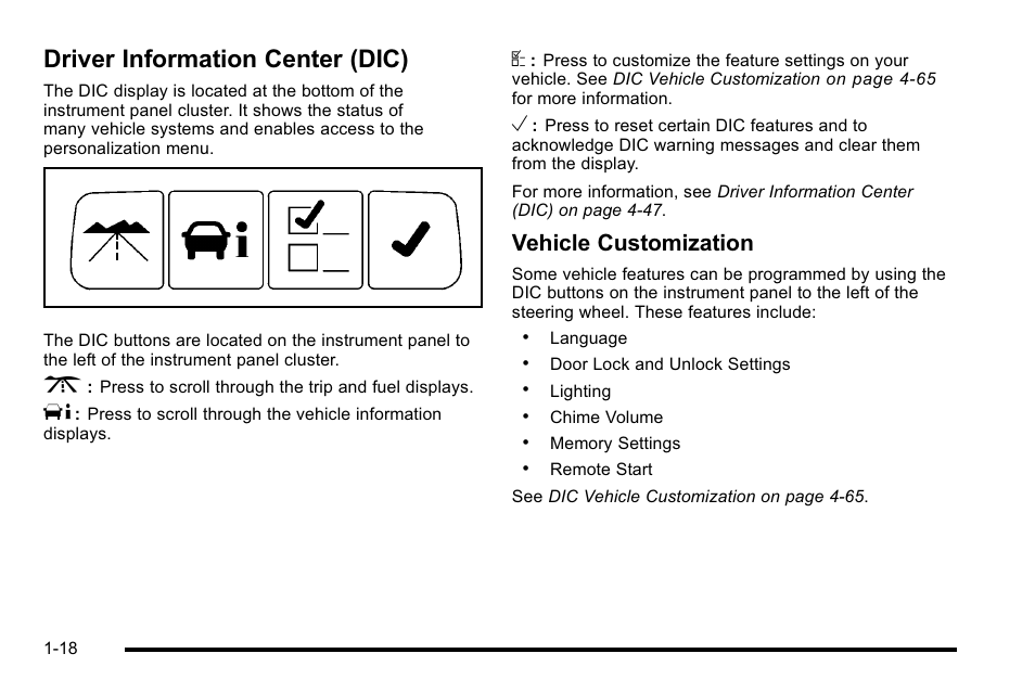 Driver information center (dic), Information center (dic) -18, Vehicle customization | Buick 2010 Lucerne User Manual | Page 24 / 474