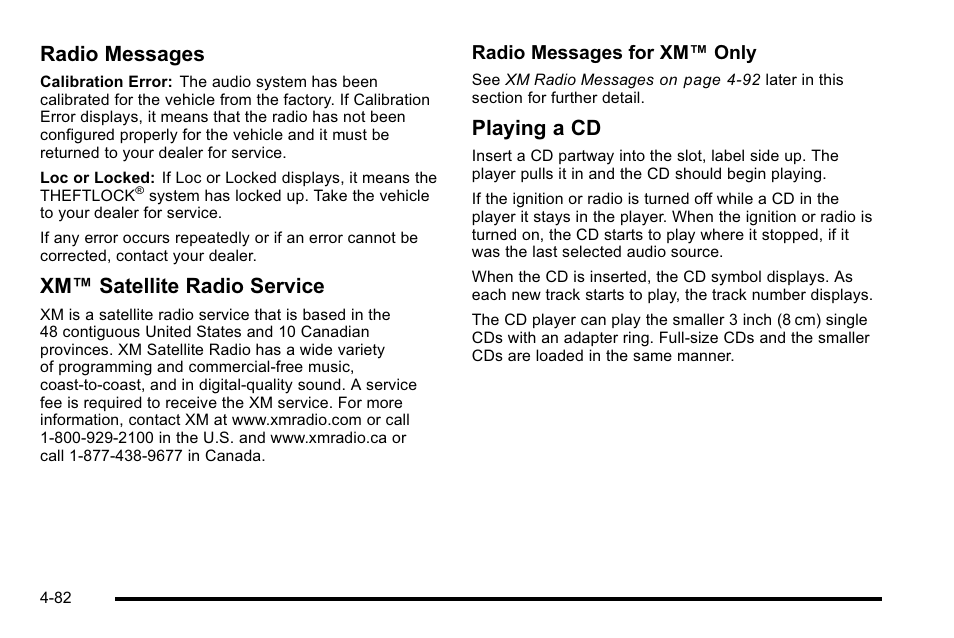 Radio messages, Xm™ satellite radio service, Playing a cd | Buick 2010 Lucerne User Manual | Page 242 / 474