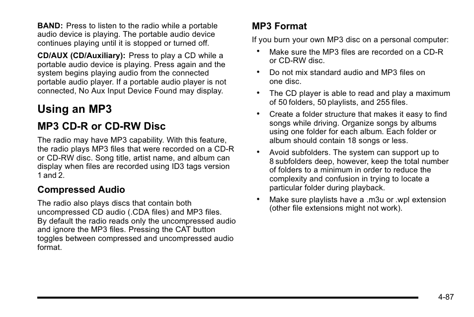 Using an mp3, Using an mp3 -87, Mp3 cd-r or cd-rw disc | Compressed audio, Mp3 format | Buick 2010 Lucerne User Manual | Page 247 / 474