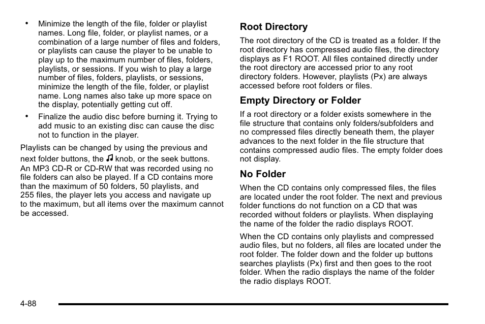 Root directory, Empty directory or folder, No folder | Buick 2010 Lucerne User Manual | Page 248 / 474