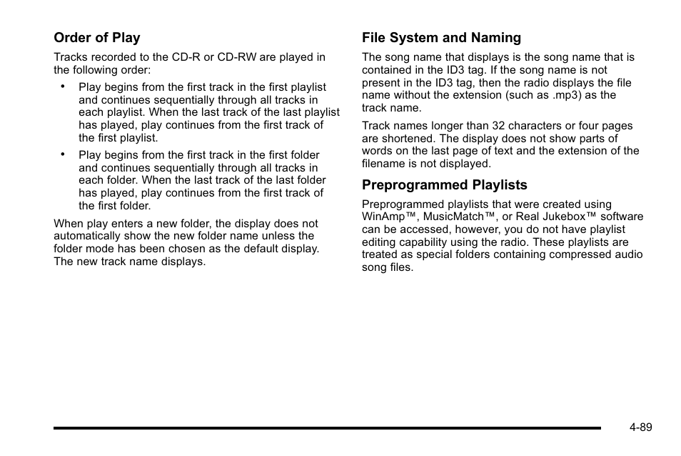 Order of play, File system and naming, Preprogrammed playlists | Buick 2010 Lucerne User Manual | Page 249 / 474