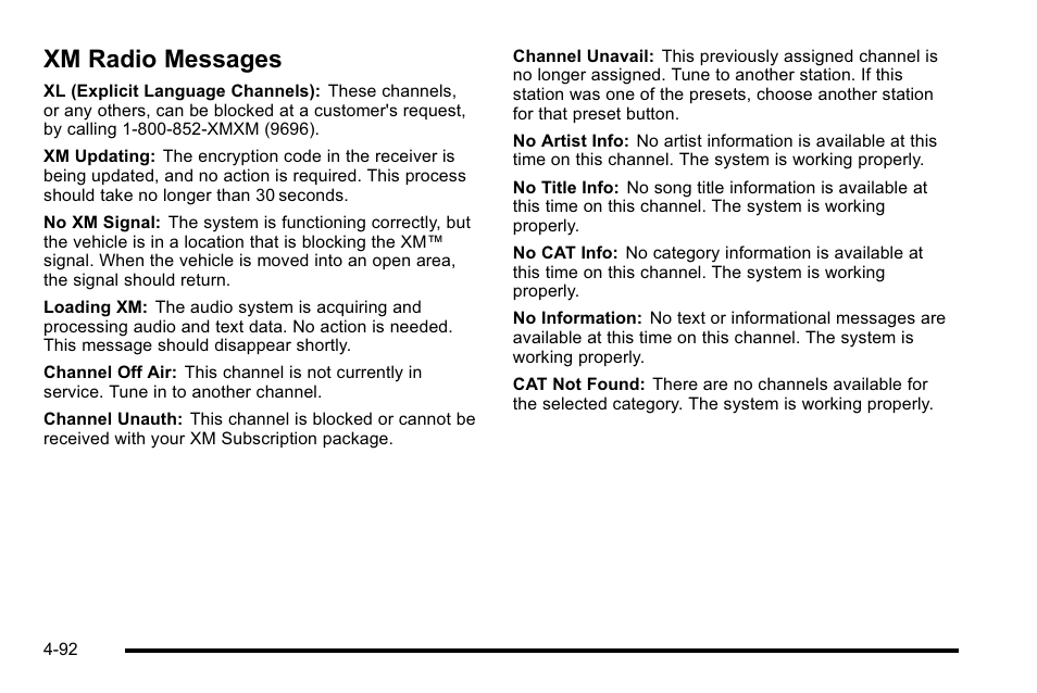 Xm radio messages, Xm radio messages -92 | Buick 2010 Lucerne User Manual | Page 252 / 474