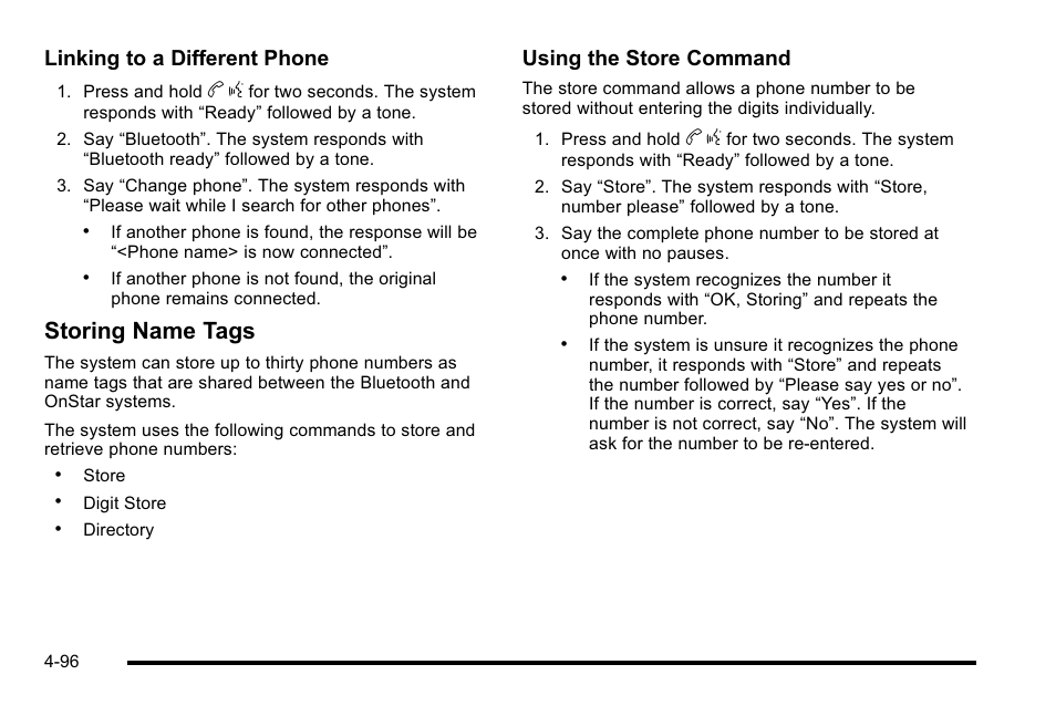 Storing name tags, Linking to a different phone, Using the store command | Buick 2010 Lucerne User Manual | Page 256 / 474