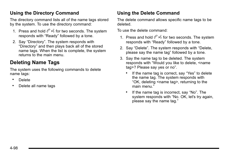 Deleting name tags, Using the directory command, Using the delete command | Buick 2010 Lucerne User Manual | Page 258 / 474