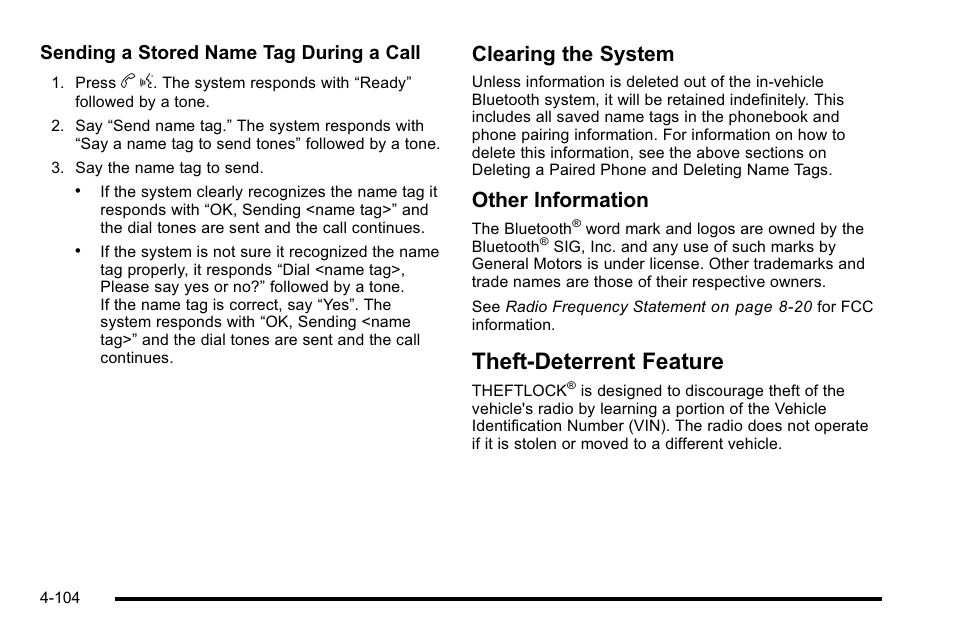 Theft-deterrent feature, Theft-deterrent feature -104, Clearing the system | Other information, Sending a stored name tag during a call | Buick 2010 Lucerne User Manual | Page 264 / 474