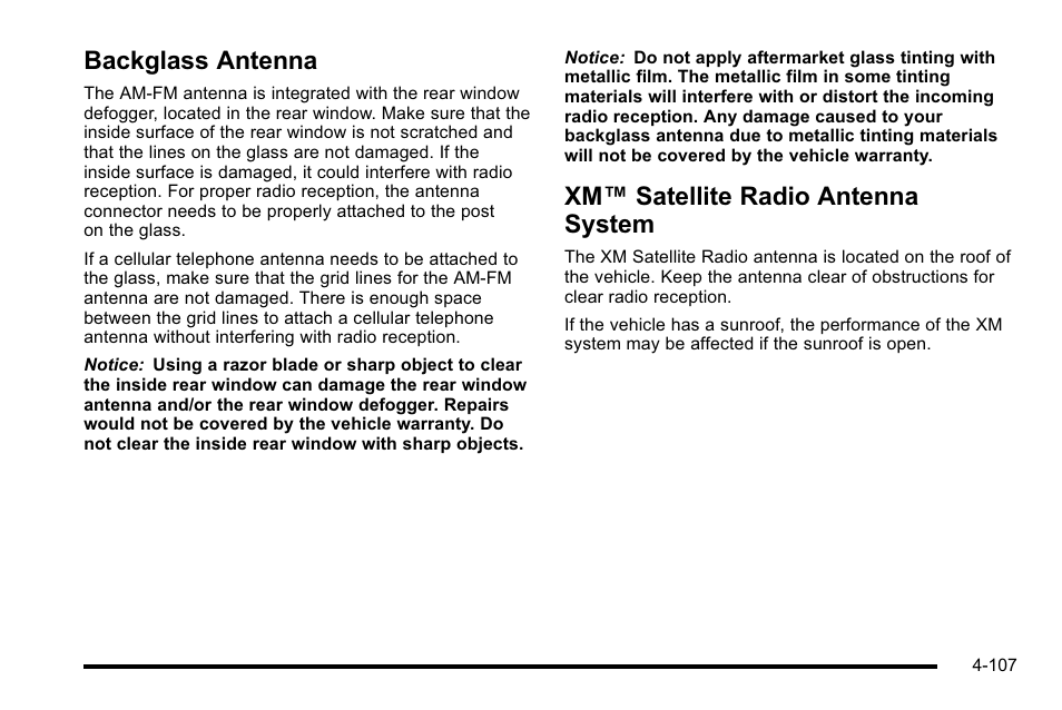 Backglass antenna, Xm satellite radio antenna system, Xm™ satellite radio antenna system | Buick 2010 Lucerne User Manual | Page 267 / 474